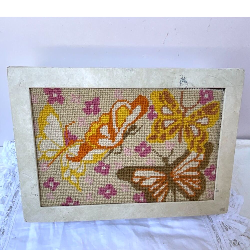 Vintage needlepoint trinket box, keepsake box butterfly needlepoint Cottagecore
